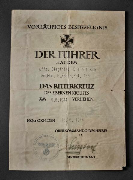 WWII German Provisional Certificate for the Knights Cross of the
