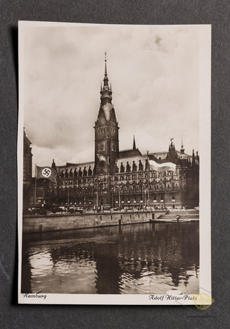German WWII Postcard of Hamburg Town Hall Decorated in Flags
