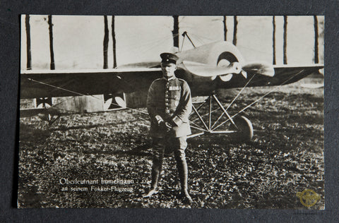 German WWI Postcard of Flying Ace Oberleutnant Max Immelmann with his Fokker Aircraft