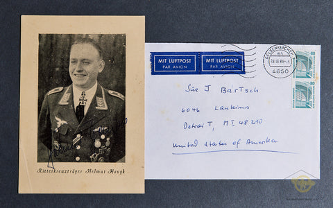 German WWII Signed Photo and Envelope of Knights Cross Winner Helmut Haugk