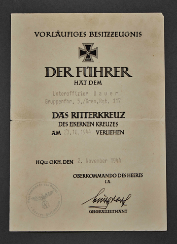 WWII German Provisional Certificate for the Knight's Cross of the Iron Cross