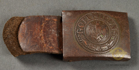 German WWII DAK Steel Belt Buckle w/Leather Tab