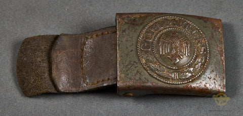 German WWII Army DAK Steel Belt Buckle by B&N w/Leather Tab