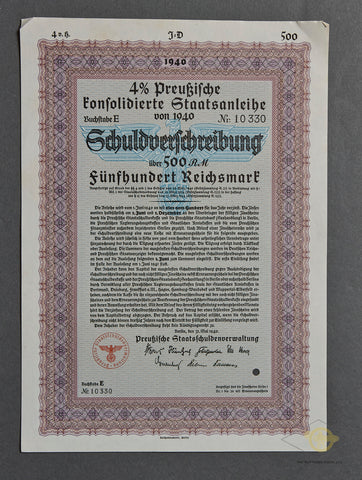 500 Reichsmark 4% Prussian Consolitdated Government Bond from 1940