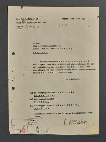 1938 Dated Document Hand Signed by Heinrich Himmler to Kurt Daluege