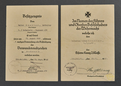WWII German Pair of Award Documents to the Same Soldier