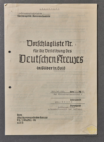 Award Recommendation for DKiG for SS Totenkopf Division Obersturmbannführer