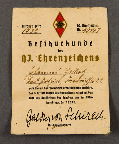 Early Certificate for Hitler Youth Golden Party Badge