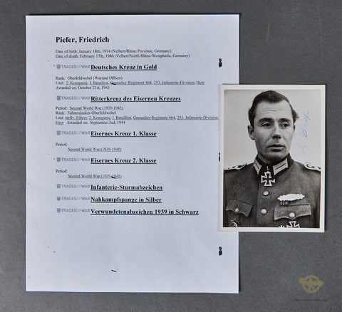 German WWII Original Signed Photo of Knights Cross Winner Friedrich Piefer