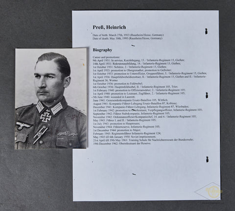 German WWII Original Signed Photo of Knights Cross Winner Heinrich Pres