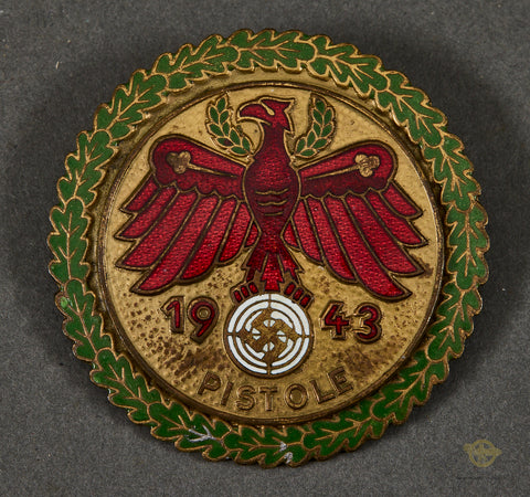 German Golden Grade with Oak Leaves Tyrolean Shooting Badge for “Pistole” (Pistol) 1943