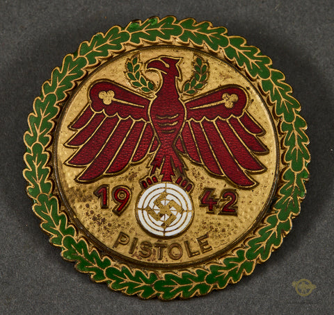 German Golden Grade with Oak Leaves Tyrolean Shooting Badge for “Pistole” (Pistol) 1943