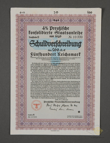 500 Reichsmark 4% Prussian Consolidated Government Bond from 1940
