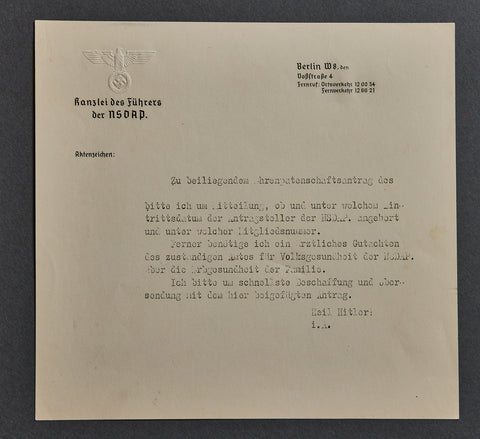 Reichschancellery Stationery Used for Sponsorship Application