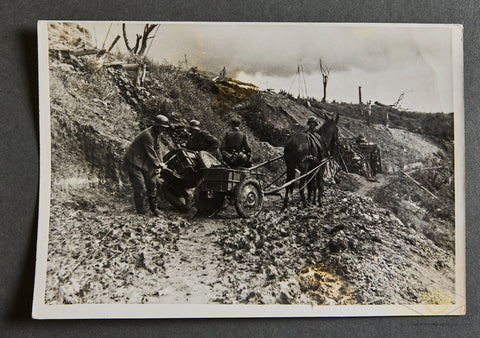 German WWII Original Press Photo of Soldiers in the Mud with a Horse