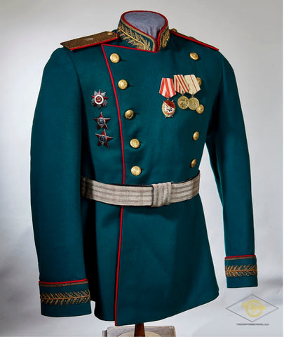WWII Soviet Russian Red Army Generals Victory Parade Tunic, Visor Cap and Brocade Belt