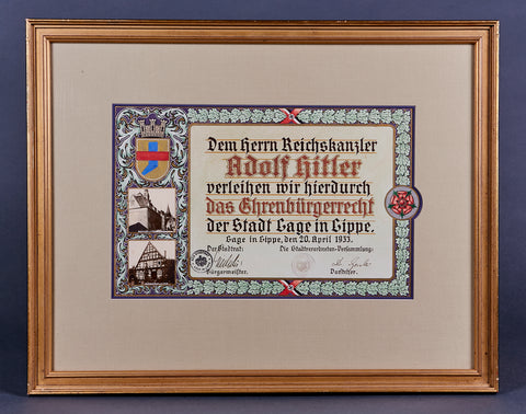 Framed Reichskanzler Adolf Hitler Honorary Citizen Award