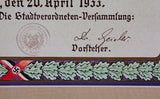 Framed Reichskanzler Adolf Hitler Honorary Citizen Award