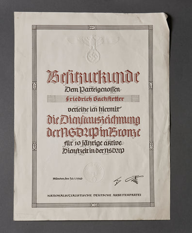 Third Reich 10 Year NSDAP Long Service Document, Large Format Type