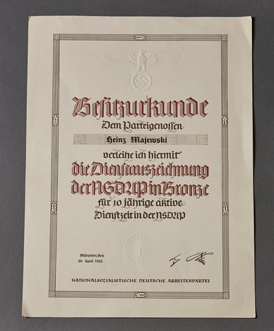 Third Reich 10 Year NSDAP Long Service Document, Large Format Type
