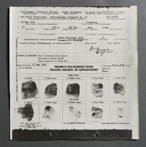 German WWII Preliminary Record for POW Report for Friedrich Wilhelm Kritzinger